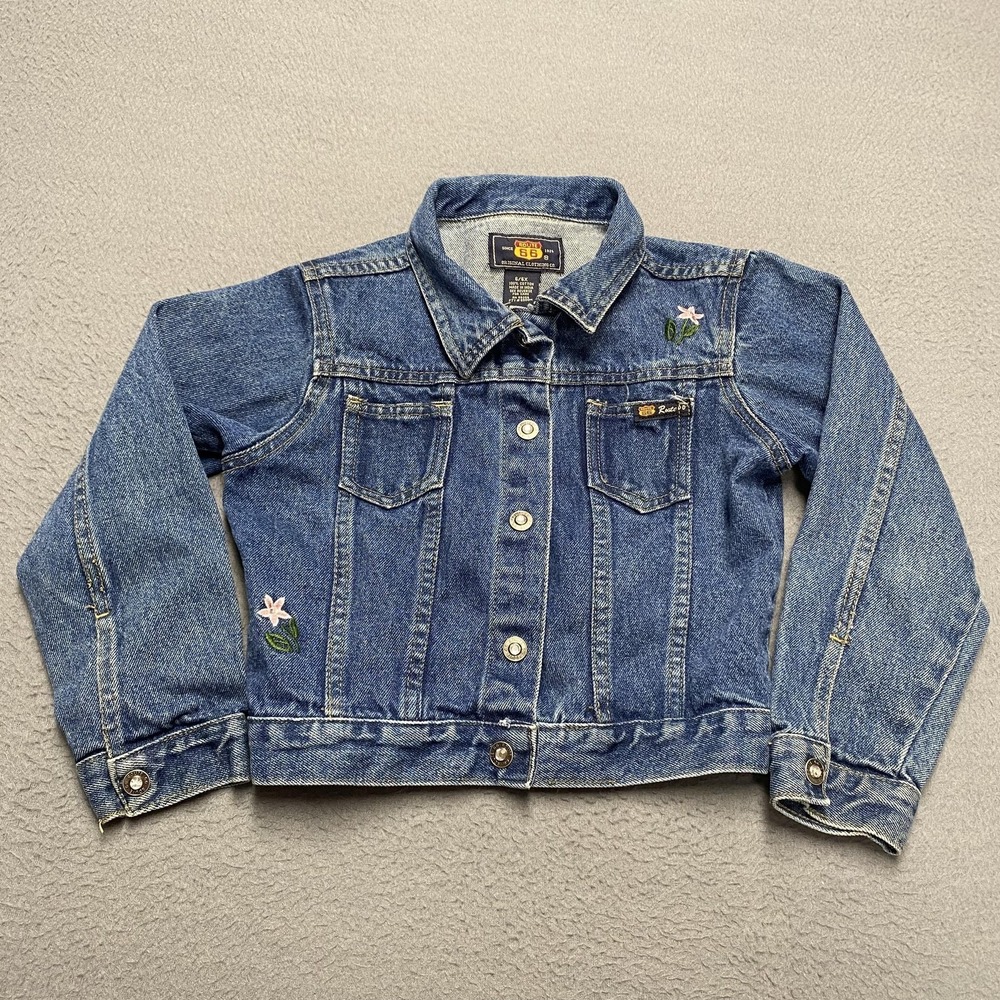 VTG‎ Route 66 Jacket Girls 6 Blue Twill Denim Embroidered Snap Floral Casual y2k